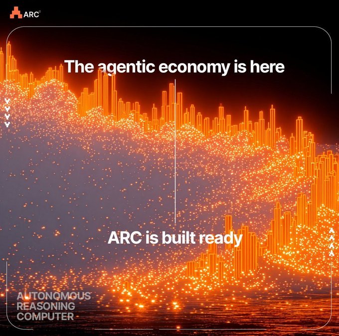 Promotional graphic for ARC featuring the text 'The agentic economy is here' and 'ARC is built ready' alongside the ARC logo and 'Autonomous Reasoning Computer' label, set against an orange particle cityscape.