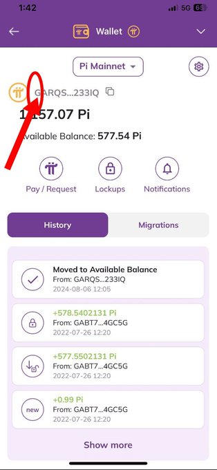 Screenshot of a Pi Network wallet interface showing a Pi Mainnet balance of 1,157.07 Pi with an available balance of 577.54 Pi, featuring a "G" prefix wallet address (GARQS..233IQ) at the top. The image illustrates the importance of a migrated "G" wallet address for utilizing migrated and bought Pi in Mainnet ecosystem activities, as referenced in the post.