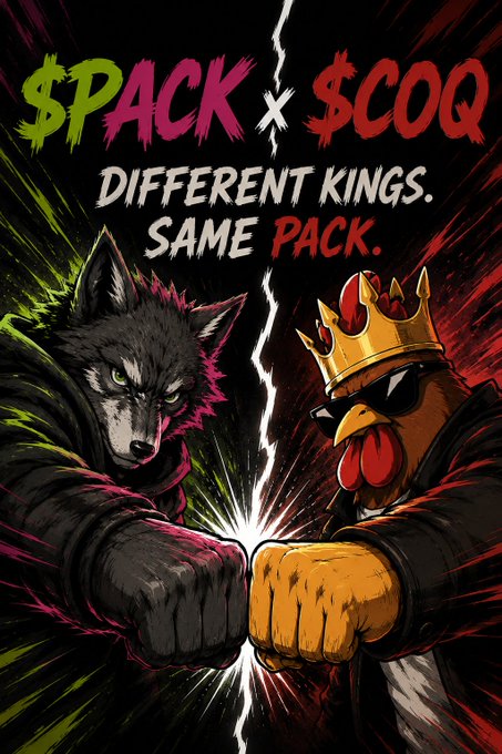 A stylized promotional graphic reading '$PACK x $COQ - Different Kings. Same Pack.' featuring a fierce wolf and a rooster wearing a crown bumping fists.