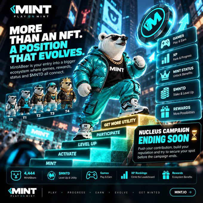 MintABear promotional poster featuring MintABear NFT collection with tagline 'More Than An NFT. A Position That Evolves,' showing Tier T0-T4 evolution and details on Games, XP, Mint Status, $MNTD, and Rewards, with a 'Nucleus Campaign Ending Soon' notice.