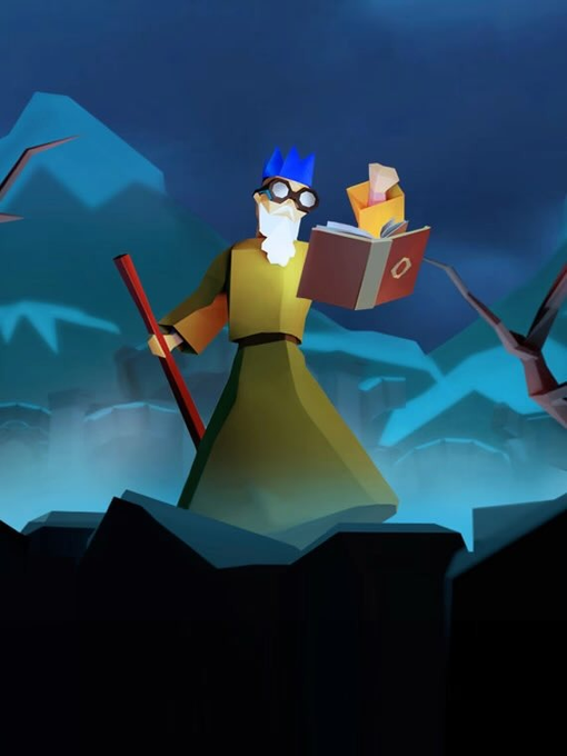 A low-poly 3D rendering depicts a wizard-like figure with a blue crown, white beard, and goggles, holding a staff and an open book atop a rocky peak under a dark blue sky, evoking a sense of mystical determination. The image aligns with the post's optimistic "gm new week let's print some more" theme, symbolizing the grind and magic of seeking profits in the crypto markets.