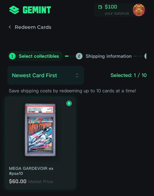A user is redeeming a "MEGA GARDEVOIR ex #psa10" Pokémon card valued at $60.00 on the GEMINT platform, which will be shipped to them. The screenshot shows their $100 balance and the 2-step redemption process, complementing the post about eagerly awaiting the card's postal delivery.