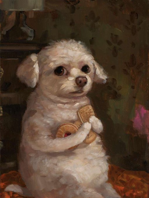 A classical oil painting of a fluffy white dog sitting upright and holding a waffle-shaped object, rendered with warm tones against a dark green patterned background.