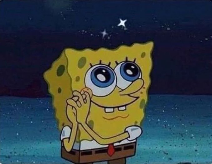 An image of the cartoon character SpongeBob SquarePants smiling with clasped hands, featuring large eyes with star-shaped highlights.