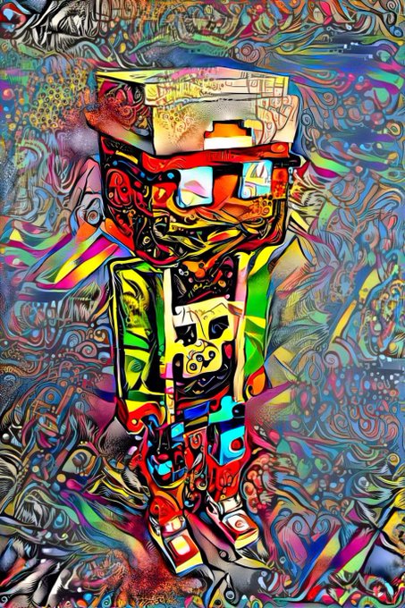 A vibrant, psychedelic abstract digital artwork featuring a stylized figure in a hat and glasses surrounded by intricate, colorful patterns and textures.