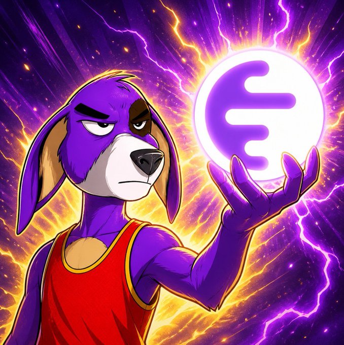 A stylized purple cartoon dog in a red sleeveless top holds a glowing purple energy orb amid lightning and fiery effects.