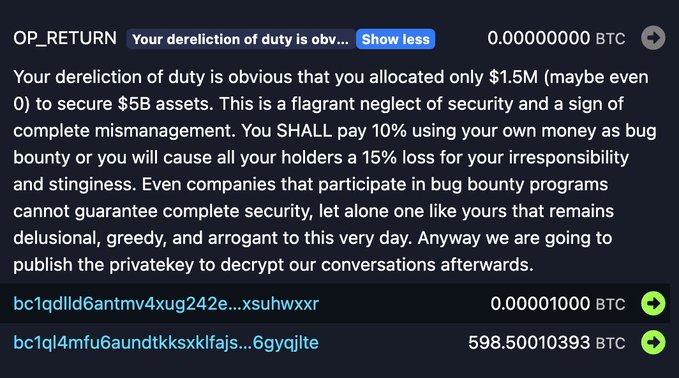 A screenshot of an OP_RETURN message on a Bitcoin blockchain explorer, demanding a 10% bug bounty payment from a company that allegedly allocated only $1.5M to secure $5B in assets, with associated transaction hashes.