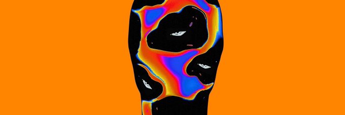 A psychedelic, distorted PFP-style portrait rendered in vibrant rainbow hues against a solid orange background, fitting the colorful and experimental aesthetic of the @notthesamepfp NFT collection by @whoslord.