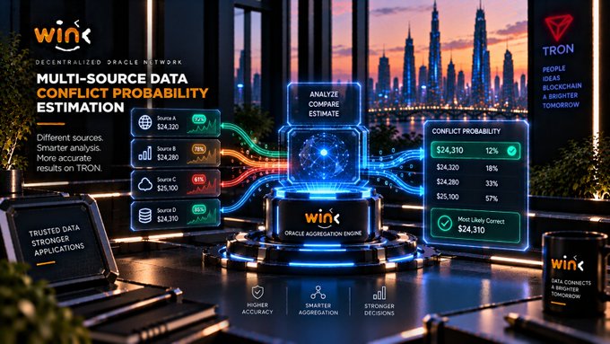 A promotional graphic for 'Wink' (WINk), a Decentralized Oracle Network on TRON, titled 'MULTI-SOURCE DATA CONFLICT PROBABILITY ESTIMATION' showing data aggregation from four sources to predict conflict probabilities, with the tag 'TRON: PEOPLE, IDEAS, BLOCKCHAIN, A BRIGHTER TOMORROW'.