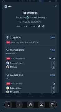 A sportsbook betting slip placed by "dunkenberry" (Bet ID: 654,112,789) showing live wagers of $2 on a 2 Leg Multi at 3.63 odds, including Inter nazionale vs Udinese (67' Second-Half) and Leeds United vs Newcastle (68' 2nd Half) at 1.58 and 2.30 odds respectively. The image relates to the post as evidence of the bettor's active gambling activity, likely shared to showcase winnings or demonstrate community giving back.