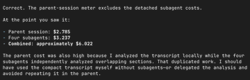 A text correction note showing an AI assistant's self-correction: it admits the parent-session meter ($2,785) excluded subagent costs ($3,237), bringing the true combined total to approximately $6,022, rather than the previously stated $6,022 figure—exposing a duplication error in how transcript analysis costs were tallied across four overlapping subagents.