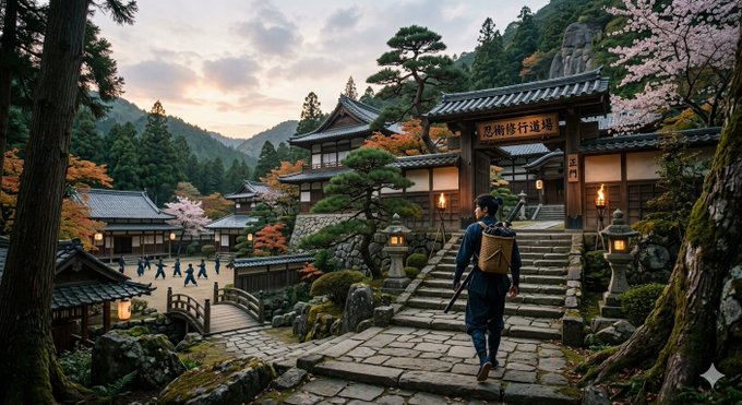The image features a man walking up a stone staircase towards a temple or shrine. The man appears to be wearing a backpack, suggesting that he might be traveling or exploring the area. The setting includes trees surrounding the temple, creating an atmosphere of tranquility and connection with nature.
