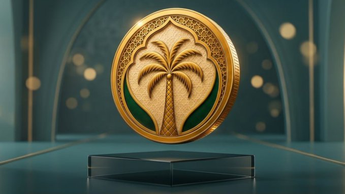 A gold commemorative coin featuring a palm tree within an ornate medallion floats above a glass pedestal, symbolizing the value and prestige associated with the $TANSIQ token highlighted in the accompanying post about early recognition and seizing opportunity before the crowd.