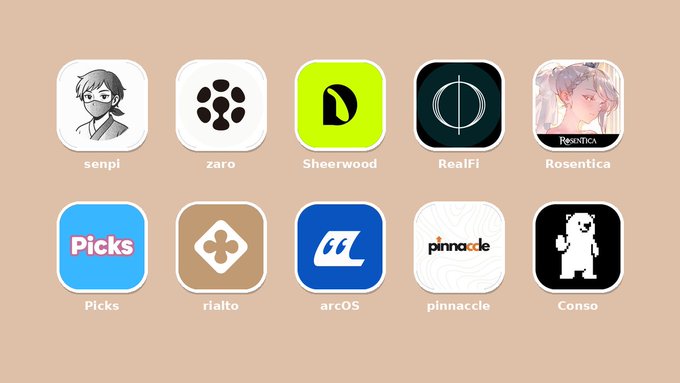 A screenshot of a smartphone app drawer showing various app icons including senpi, zaro, Sheerwood, RealFi, Rosentica, Picks, rialto, arcOS, pinnacle, and Conso.