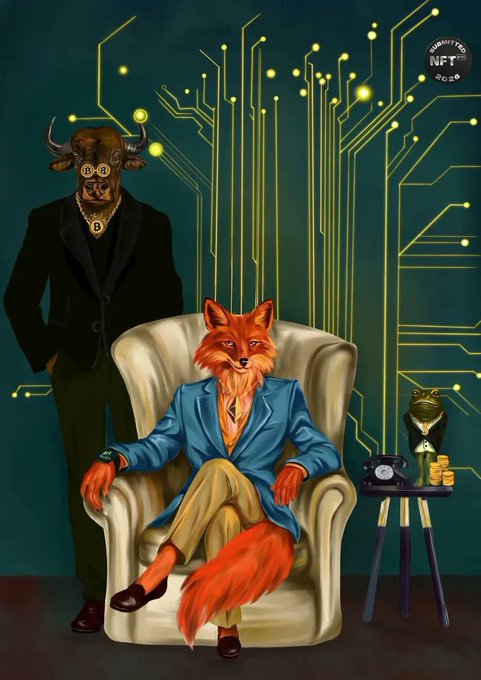 A digital illustration featuring a fox in a blue suit sitting in an armchair, flanked by a standing bull in a black suit and a small frog in a suit next to a pile of gold coins. Text 'NFTS' and 'SUBMITTED' are visible.