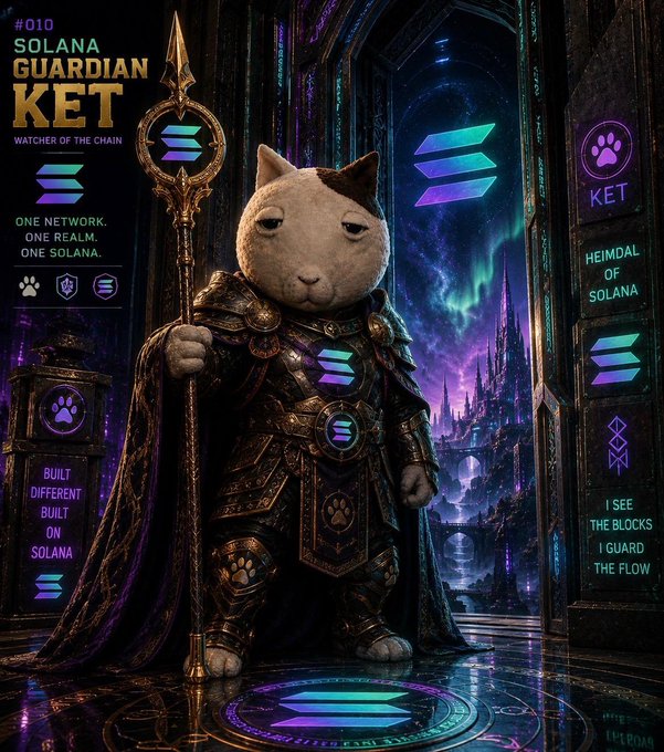 A detailed digital artwork of an armored cat-like guardian named 'KET' holding a staff, with text '#010 SOLANA GUARDIAN KET WATCHER OF THE CHAIN', 'ONE NETWORK. ONE REALM. ONE SOLANA.', 'BUILT DIFFERENT BUILT ON SOLANA', and 'I SEE THE BLOCKS I GUARD THE FLOW'.