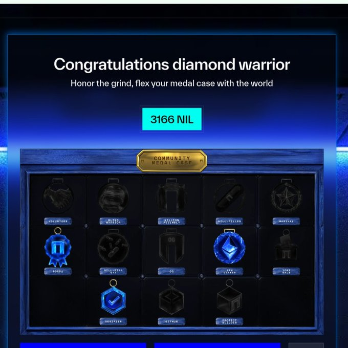 A gaming achievement screen congratulating a 'diamond warrior' with '3166 NIL' points and a 'COMMUNITY MEDAL CASE' display.