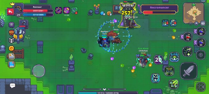 A mobile game screenshot showing a battle against a 'Necromancer' boss, with the player character 'Rexsaar' dealing 257 damage in a dungeon setting.