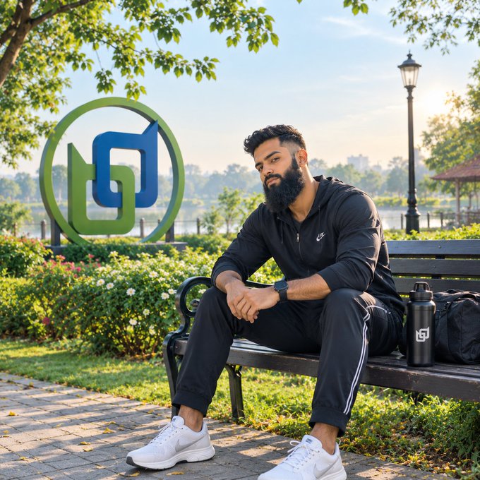 A bearded man in black athletic wear sits on a park bench, with a large green and blue GD logo displayed behind him and a matching water bottle beside him.