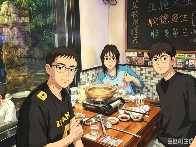 The image shows a group of people sitting around a dining table, enjoying food together. There are three main individuals visible - two boys wearing black shirts and one girl with glasses. The table has various bowls, cups, spoons, and other utensils on it, indicating that they might be having a meal or gathering.

The post features an illustration of the scene, accompanied by Chinese characters in the bottom right corner. It seems to be a commentary about the people sitting around the dining table, possibly discussing their experiences or sharing stories related to the image.