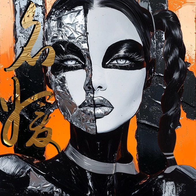 A striking mixed-media portrait of a woman with a braided ponytail features a face half rendered in glossy white and half shattered with a chrome, foil-like texture, set against a vibrant orange background with gold calligraphic strokes. The bold orange backdrop and metallic accents directly reinforce the "Orange Art" theme, creating a high-contrast fusion of human and mechanical elements.