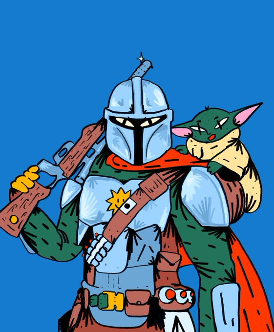 A cartoon illustration blending Star Wars and Disney, showing a Mandalorian-style character in armor with Baby Yoda clinging to his red cape against a blue background.