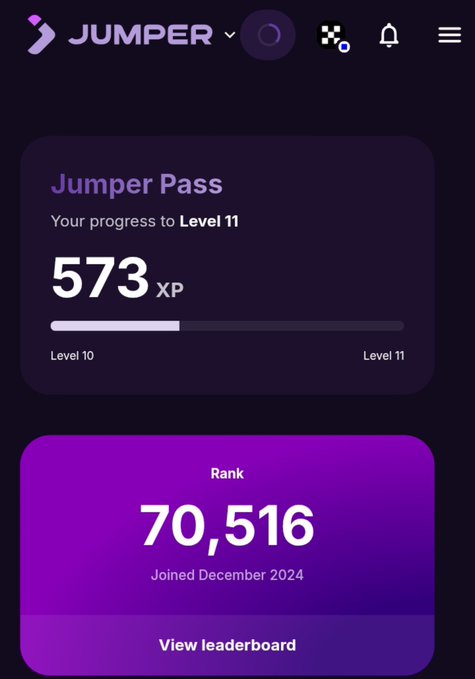 A mobile app screenshot for 'Jumper' showing a Jumper Pass progress bar at 573 XP towards Level 11, and a Rank of 70,516 for a user who joined in December 2024.