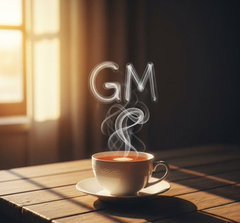 The image features a cup of coffee sitting on top of a wooden table, with steam rising from it. The text "G" is written above the cup, which appears to be the main focus of the image. The background shows a window that allows natural light into the room and provides an interesting contrast between the warm tones of the wood and the coolness of the glass. The caption at the bottom of the image reads: "Good morning The next phase of crypto infrastructure isn't just about scaling blockspace. It's about how systems think, react, and coordinate in real time".