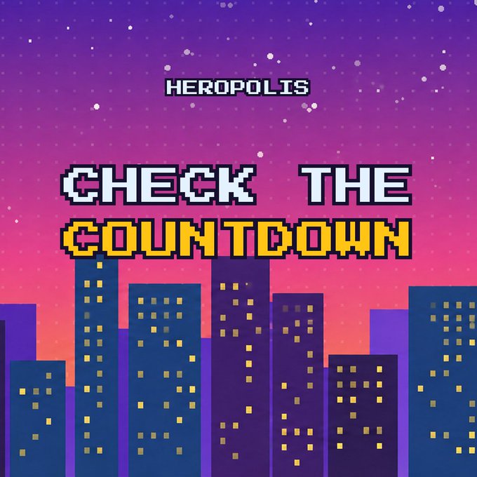 A retro pixel-art cityscape at sunset features the text "HEROPOLIS - CHECK THE COUNTDOWN," promoting a live countdown tracker at heropolis.xyz/Herocount where verified NFT keys are ranked, with questions directed to their Discord.