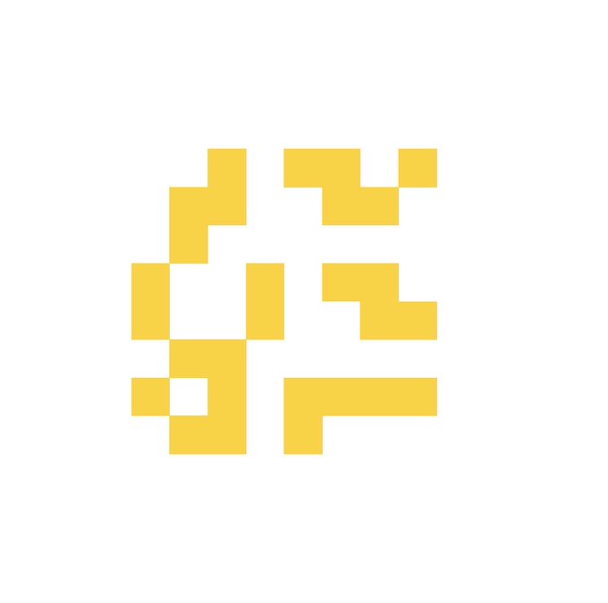 A yellow pixelated logo resembling a stylized geometric character or symbol on a white background.