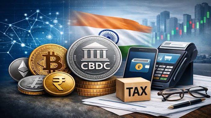 An AI-generated image depicting cryptocurrency and India's CBDC theme, showing various crypto coins including Bitcoin, a CBDC coin, and an Indian flag alongside a payment terminal and a 'TAX' block.