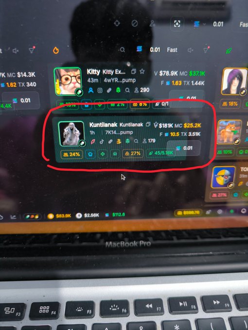 Photo of a laptop screen showing a pump.fun dashboard with a red circle drawn around the 'Kuntilanak' token (7K14...pump), which shows a market cap of $25.2K, $18.1K virtual liquidity, and a 27% bonding curve progress.