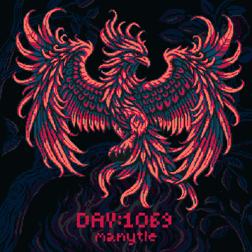 A detailed red phoenix with outstretched wings rises against a dark background, accompanied by the text "DAY: 1069" and the signature "manytle," aligning with the artist's daily BasePaint canvas entry celebrating the mythical bird's rebirth.