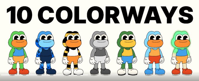 A promotional banner displays '10 COLORWAYS' in bold black text above seven cartoon frog-like characters, each sporting a different color scheme including green, blue, tiger-striped, gray, and yellow combinations.
