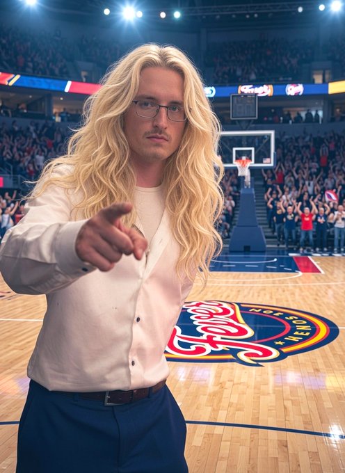 A person with long blonde hair in a wig stands on a basketball court pointing directly at the camera, evoking the iconic "Do you even lift?" meme format. The post playfully asks "Do you even @apecoin?" humorously encouraging engagement with the ApeCoin cryptocurrency, while the ape-themed court logo and crowd in the background reinforce the ape motif central to the APE community.