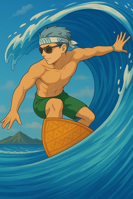An anime-style illustration depicts a muscular surfer with grey hair, sunglasses, and a bandana riding a curling blue wave on an orange surfboard with a tropical island in the background.