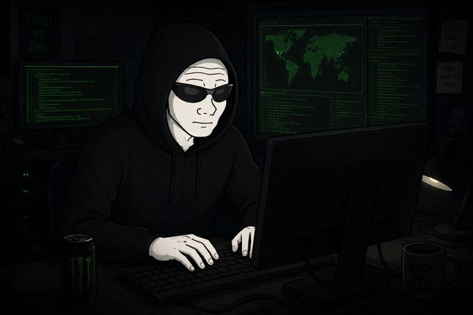 An illustration of a stereotypical 'hacker' wearing a Guy Fawkes mask and sunglasses, typing on a keyboard in a dark room with multiple monitors displaying code and a world map, alongside an energy drink and a mug labeled 'HACK THE PLANET'.