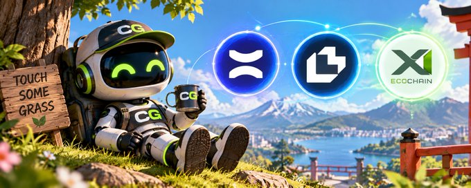 An illustration of a robot character wearing 'CG' branded clothing, sitting on grass holding a mug, with logos for X (XRP), a black hexagonal symbol, and 'X ECOCCHAIN' floating nearby, next to a 'TOUCH SOME GRASS' sign.