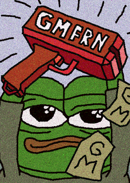 A cartoon Pepe the Frog character holding a red gun-shaped object with 'GMFRN' written on it, surrounded by floating money bags marked with the letter 'M' (likely representing GMFRA tokens).