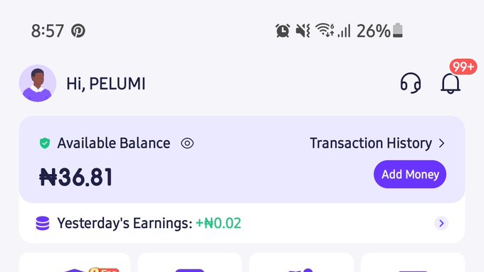 A mobile app screenshot shows a user named PELUMI with an available balance of ₦36.81 and yesterday's earnings of +₦0.02, with 99+ notifications. The image illustrates the early stage of the journey described, where the user's account was nearly empty before beginning to earn money through Injcasino to pay school fees.