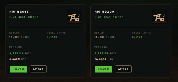 A user interface displays two mining rigs from "TheSaudisNFT," specifically Rig #2045 and Rig #3209, both marked as "WILDCAT ONLINE" with weights of 10,000 and field shares of 0.114%. The rigs have pending earnings of 8,362.29 and 2,379.24 $OIL tokens, along with small amounts of $USO, illustrating the post's claim of earning over 10,000 $OIL since activation.