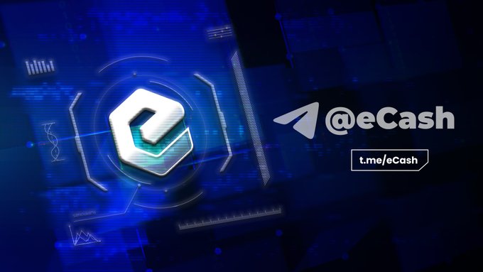 A crypto-themed promotional graphic featuring the eCash logo on a digital blue background, with the Telegram handle "@eCash" and link "t.me/eCash" displayed on the right, inviting viewers to join the $XEC community on Telegram.