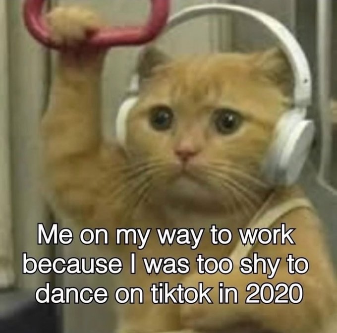A meme featuring an orange cat wearing white headphones and grabbing a red handle, with text reading 'Me on my way to work because I was too shy to dance on tiktok in 2020'.
