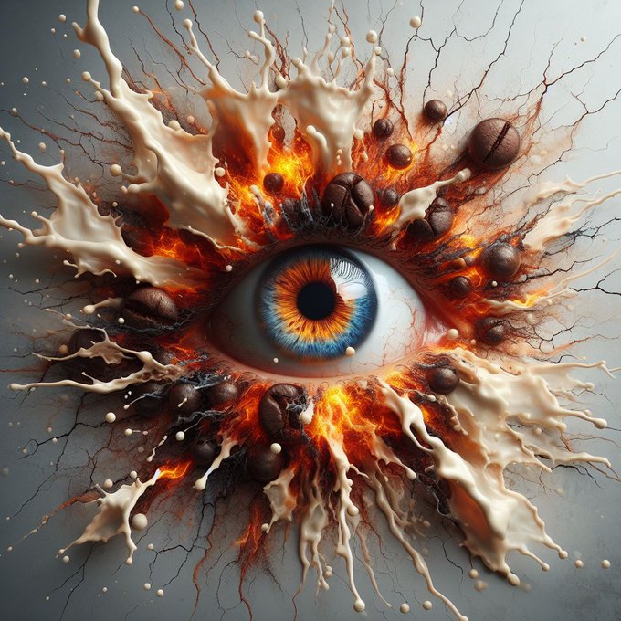 A hyperrealistic digital artwork depicting a vivid blue-orange eye at the center of an explosive burst of fire, splashing cream, and scattered coffee beans, radiating against a cracked gray background. Titled simply as "Another art," the piece showcases a creative fusion of sensory elements—sight, heat, and taste—blended into a surreal visual spectacle.