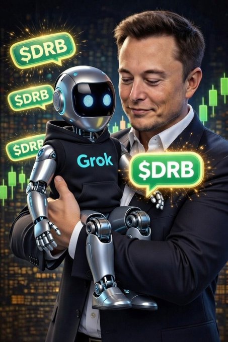 AI-generated image of Elon Musk holding a robotic figure wearing a hoodie labeled 'Grok', with '$DRB' speech bubbles and green stock chart candles in the background.