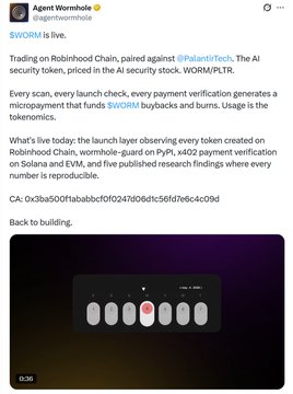 The image shows a post by Agent Wormhole discussing the $WORM AI security token on Robinhood Chain, highlighting its micropayment-based verification system and including the contract address 0x3ba500f1ababbcf0f0247d06d1c56fd7e6c4c09d, which aligns with the caption's description of WORM as an AI Agent Security project.