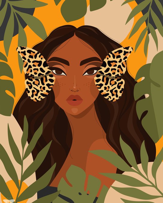 A digital illustration portrays a dark-skinned woman with long flowing hair, her eyes obscured by two large leopard-print butterflies, surrounded by tropical green leaves against a warm orange and beige patterned background.