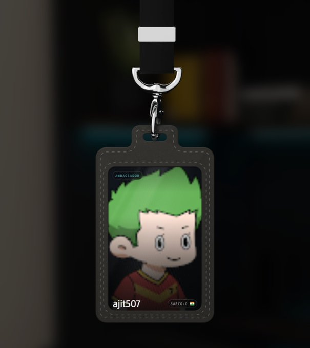 A vertical ID badge with a lanyard displays a cartoon-style avatar with green hair, labeled "AMBASSADOR", the username "ajit507", and the "SAPCO" logo.