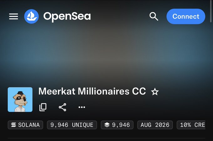 A screenshot of the OpenSea NFT marketplace showing a collection titled 'Meerkat Millionaires CC' on the Solana blockchain with 9,946 unique items, dated AUG 2026.