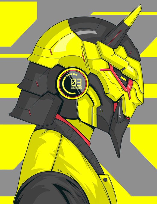 A digital illustration of a yellow and black mecha-style helmet with red glowing eyes and a digital counter showing '03' on its earpiece, set against a striped yellow and gray background.